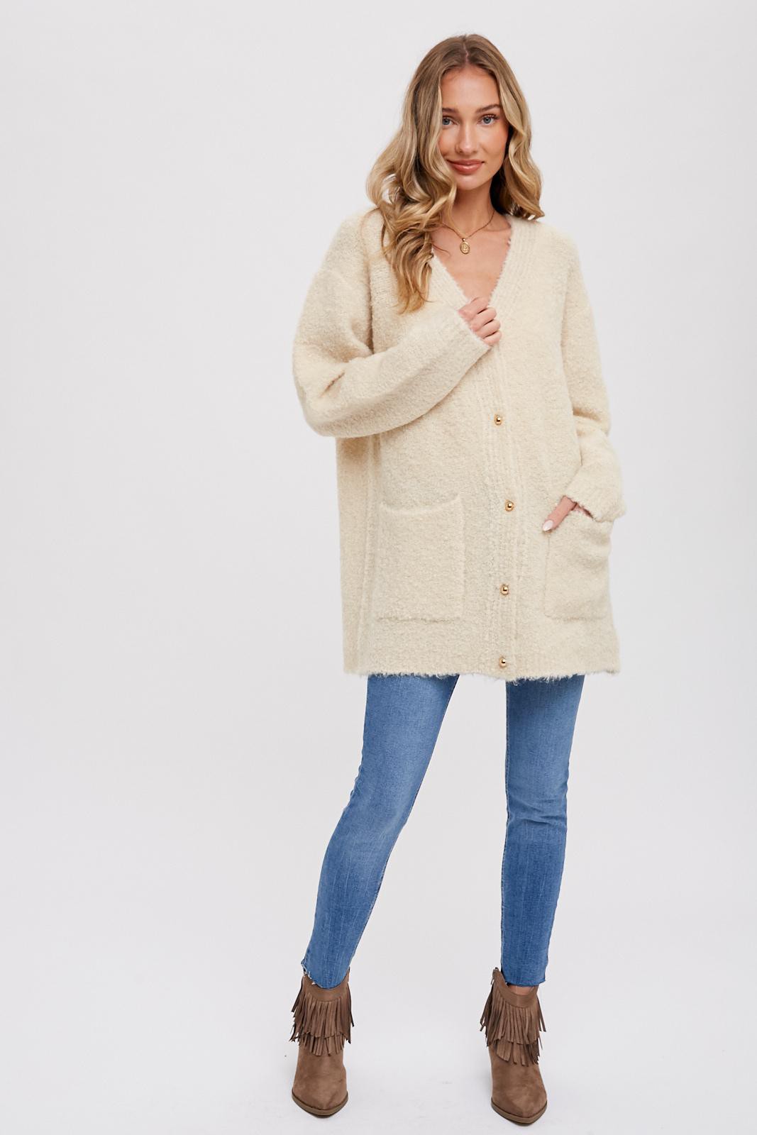 zSALE Holborn Long Sleeve Soft Fuzzy Drape Front Cardigan - Oatmeal