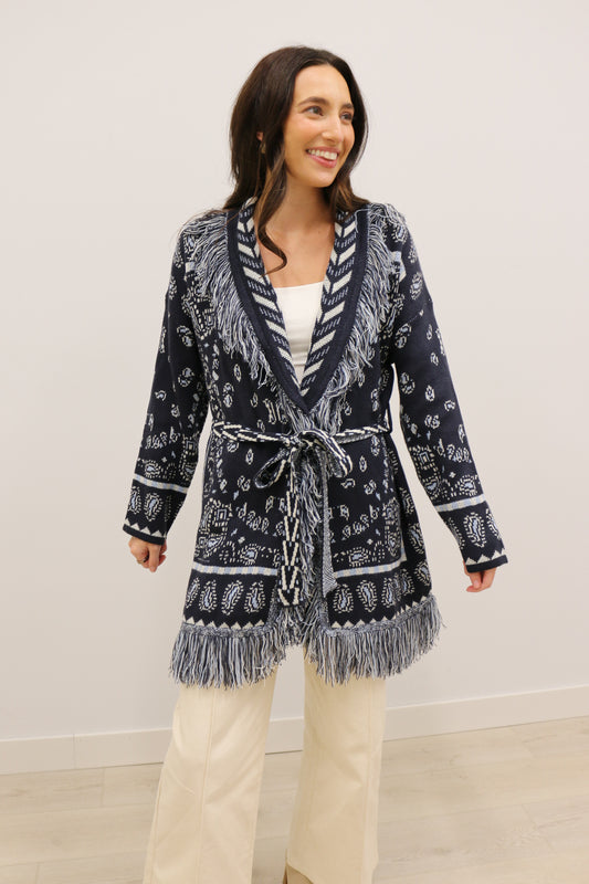 Bandana Print Fringe Trim  Longline Belted Long Sleeve Knit Cardigan - Navy Multi