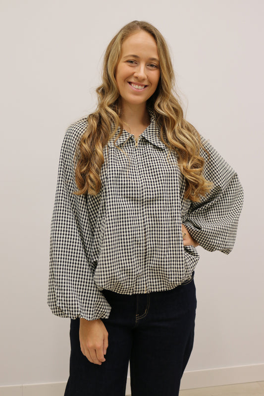 Beatrix Gingham Print Bubble Hem Lightweight Jacket - Black White Multi