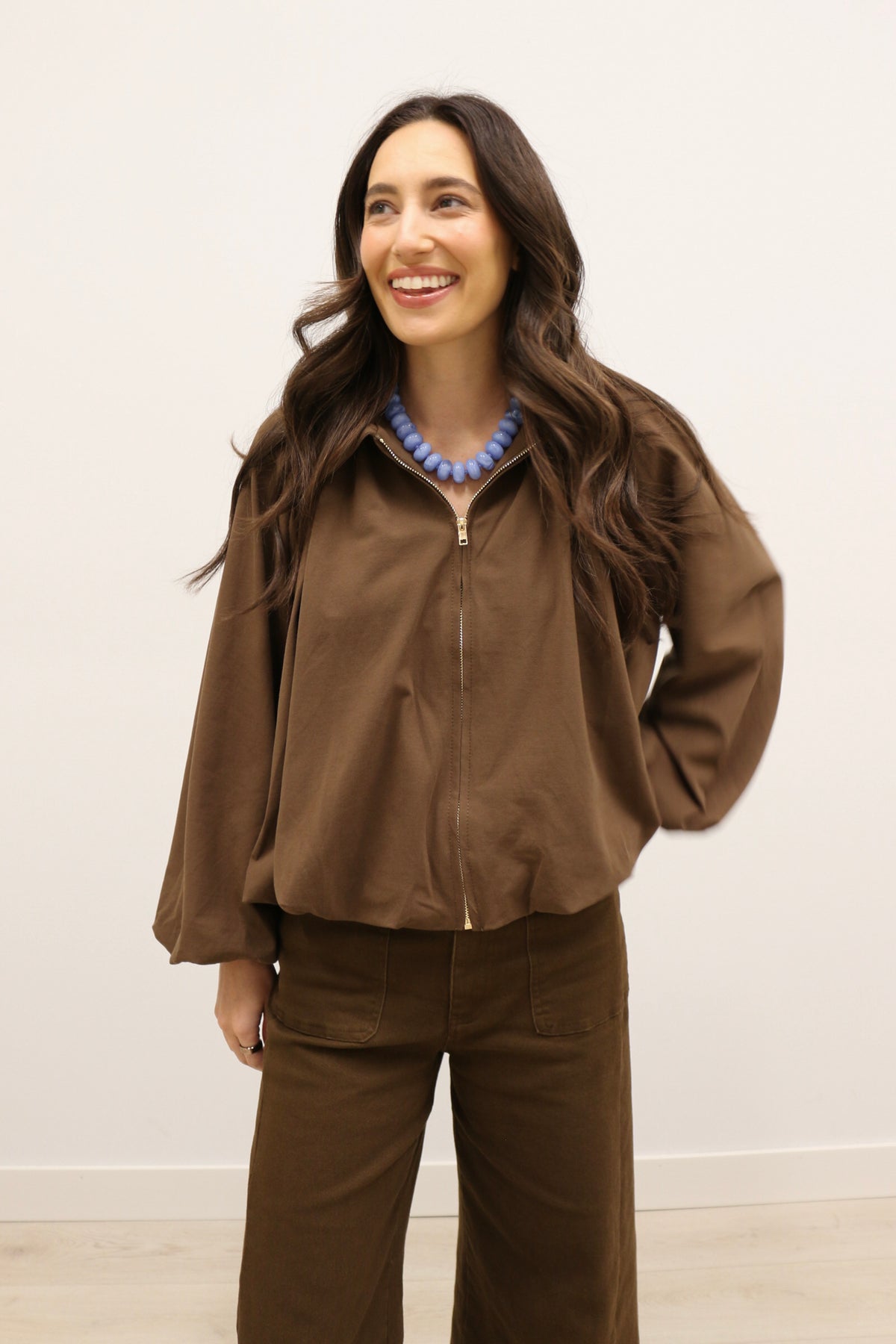 Beatrix Solid Bubble Hem Lightweight Jacket - Brown