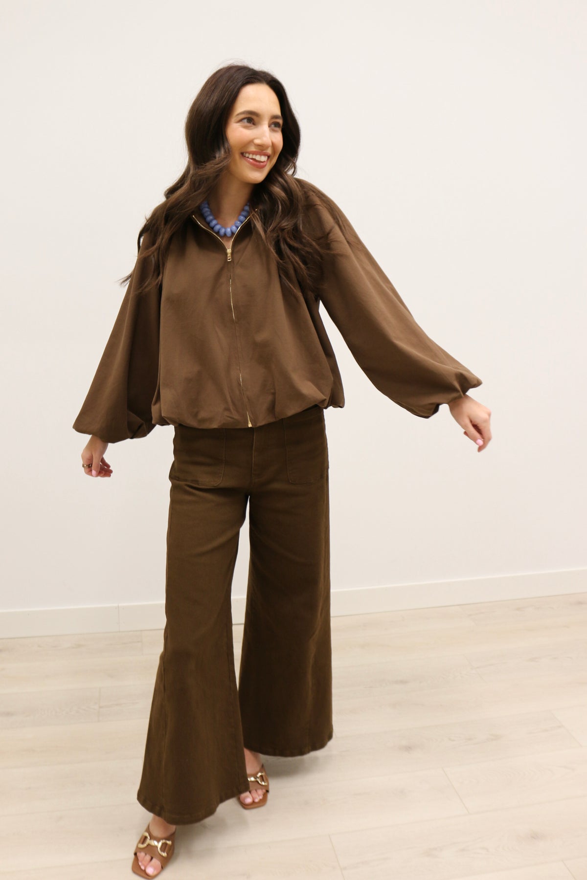 Beatrix Solid Bubble Hem Lightweight Jacket - Brown