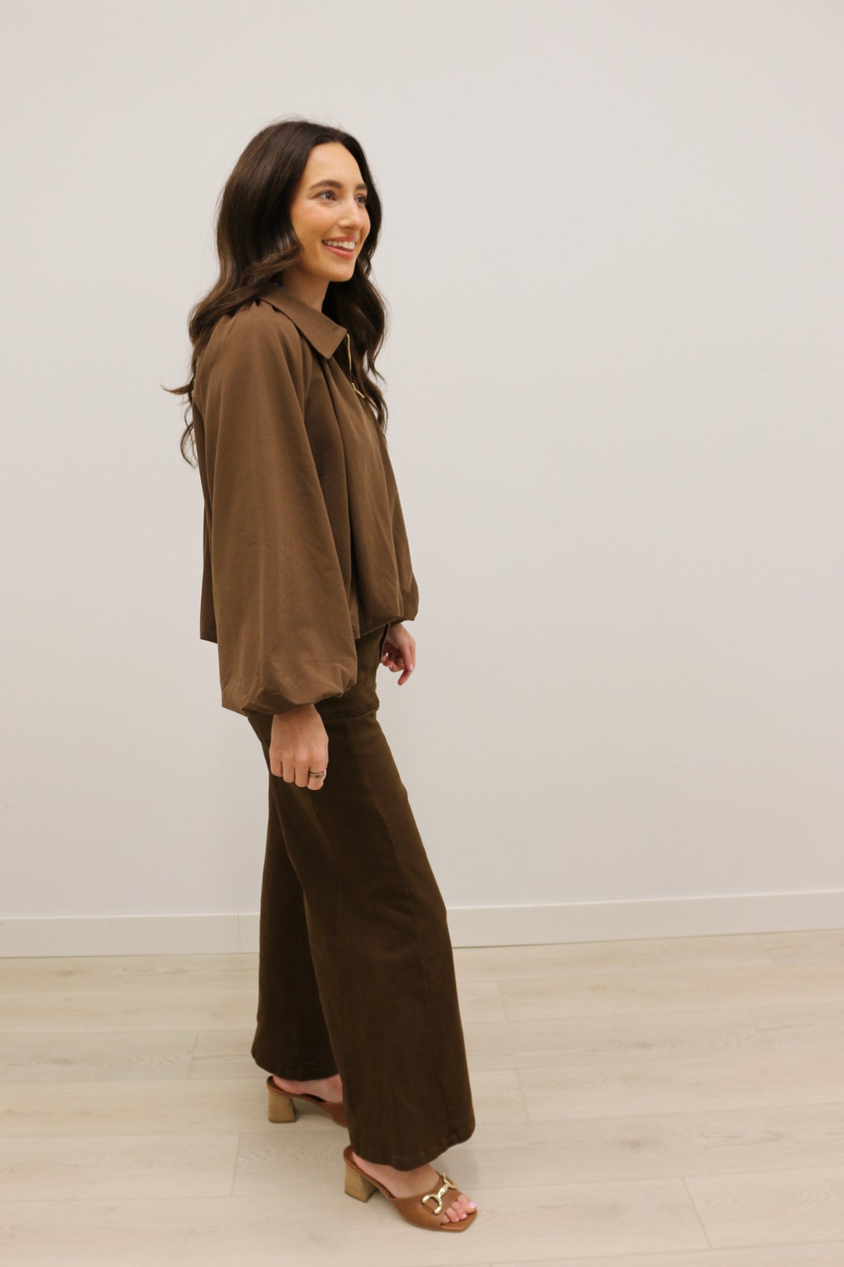 Beatrix Solid Bubble Hem Lightweight Jacket - Brown