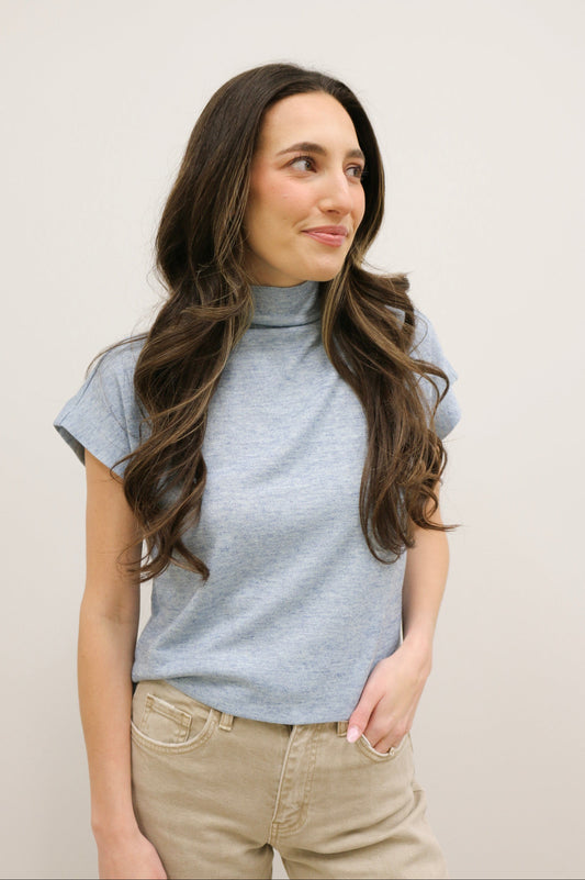 Beckett Mock Neck Short Sleeve Knit Pullover - Light Blue