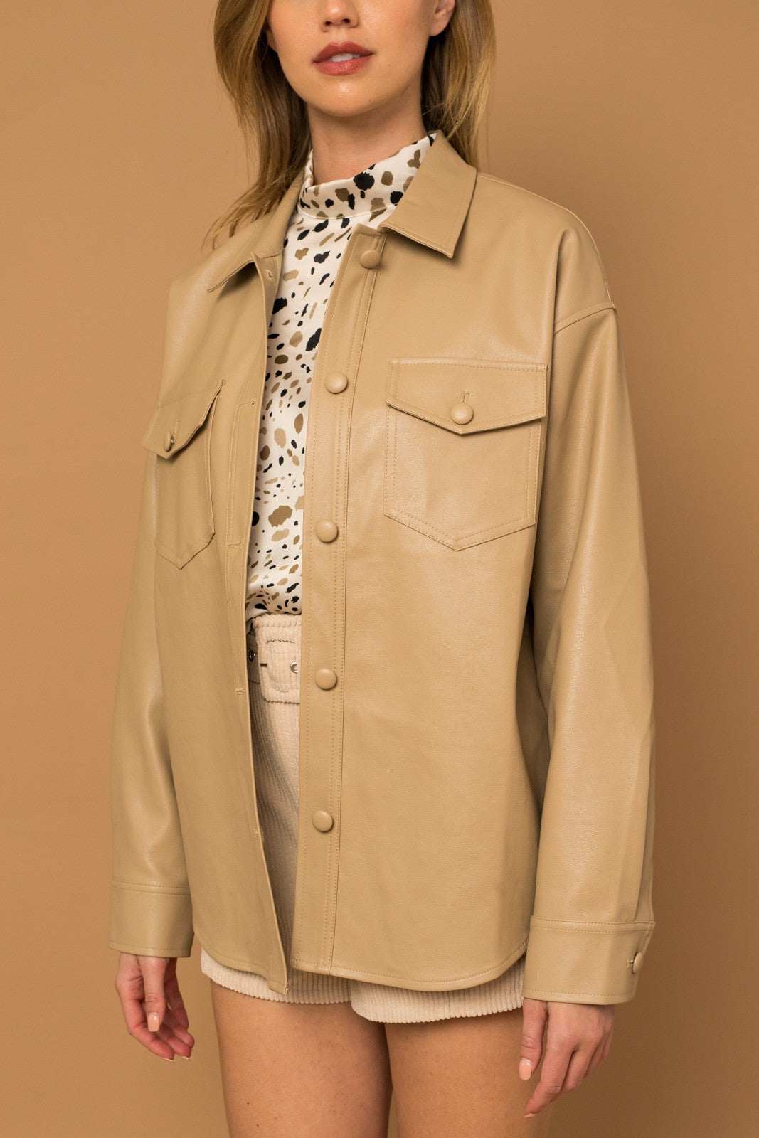 zSALE Bennet Oversized Vegan Leather Shirt Jacket - Tan