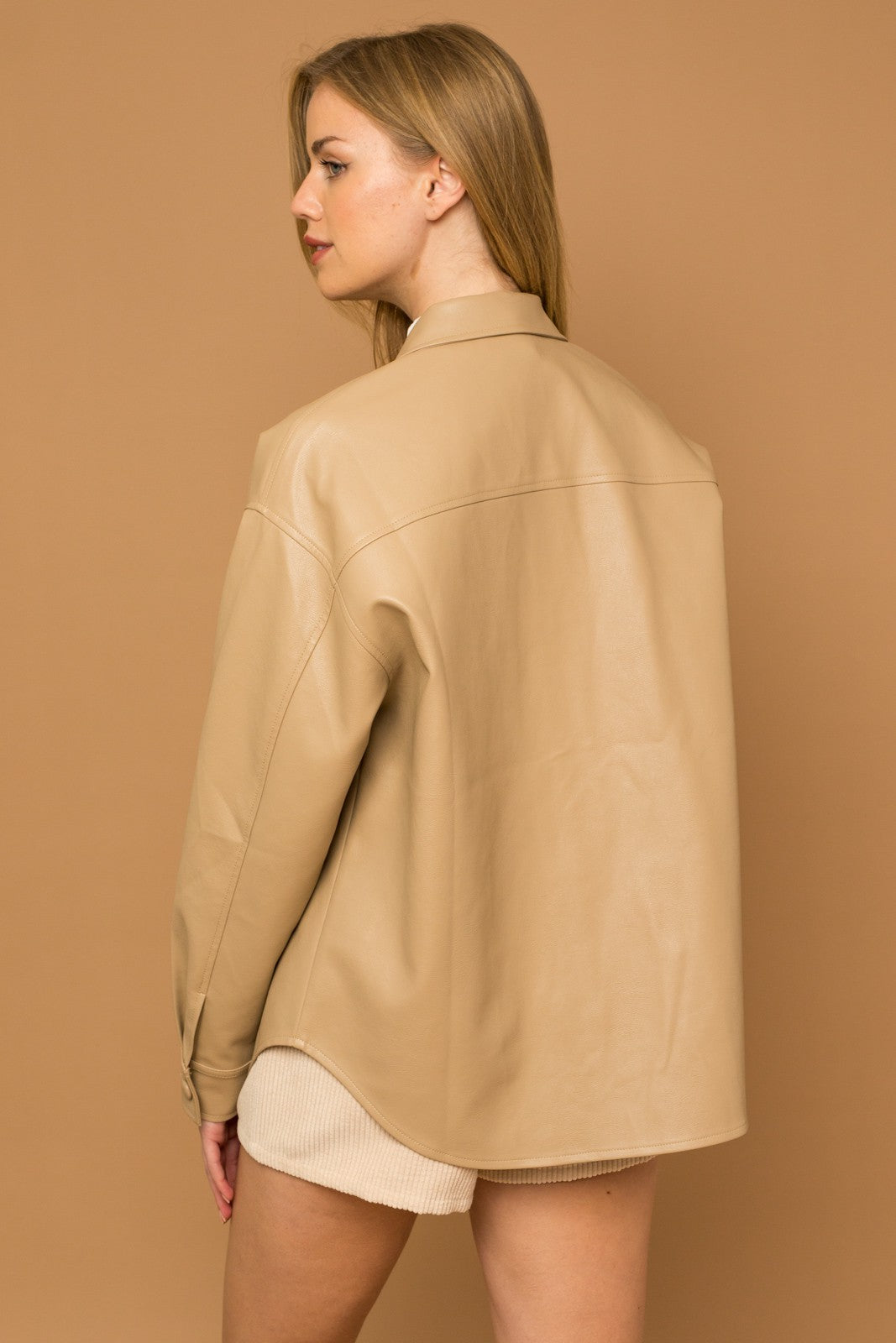 zSALE Bennet Oversized Vegan Leather Shirt Jacket - Tan