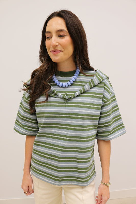 Berner Striped Oversized Tee with Removable Bandana Scarf - Olive Blue Multi