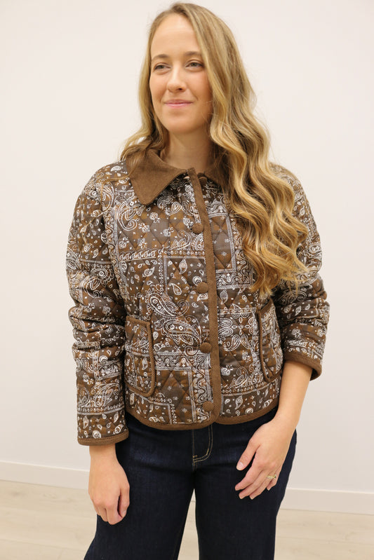 Bethanie Quilted Paisley Print Corduroy Trim Button Front Jacket - Brown Multi