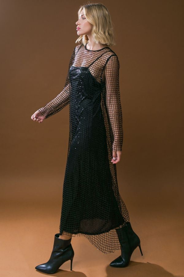 zSALE Blair Sequined Net Long Sleeve Slip Dress - Black