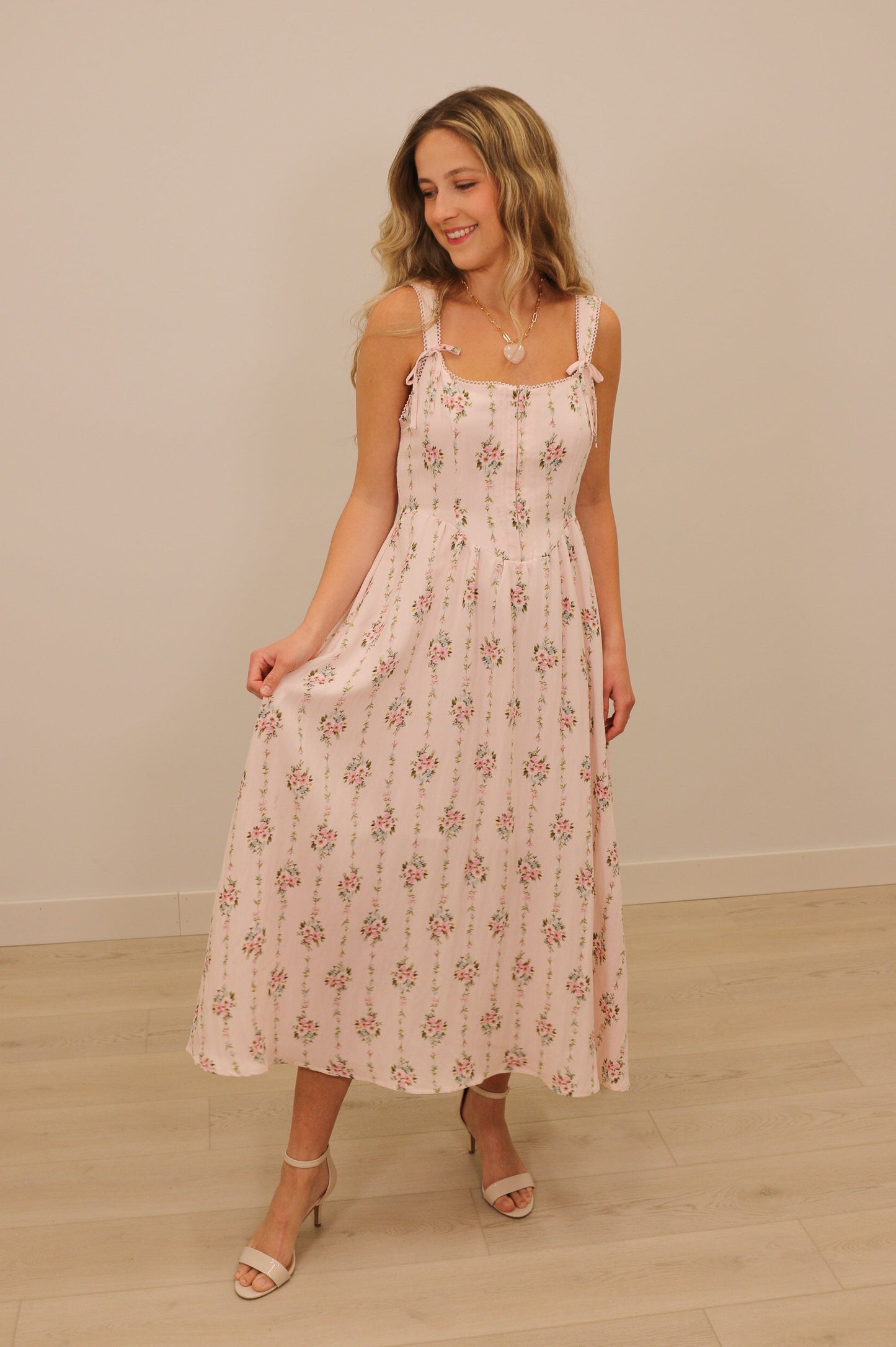Blythe Corset Bow Floral Print Sleeveless Midi Dress - Pink Multi