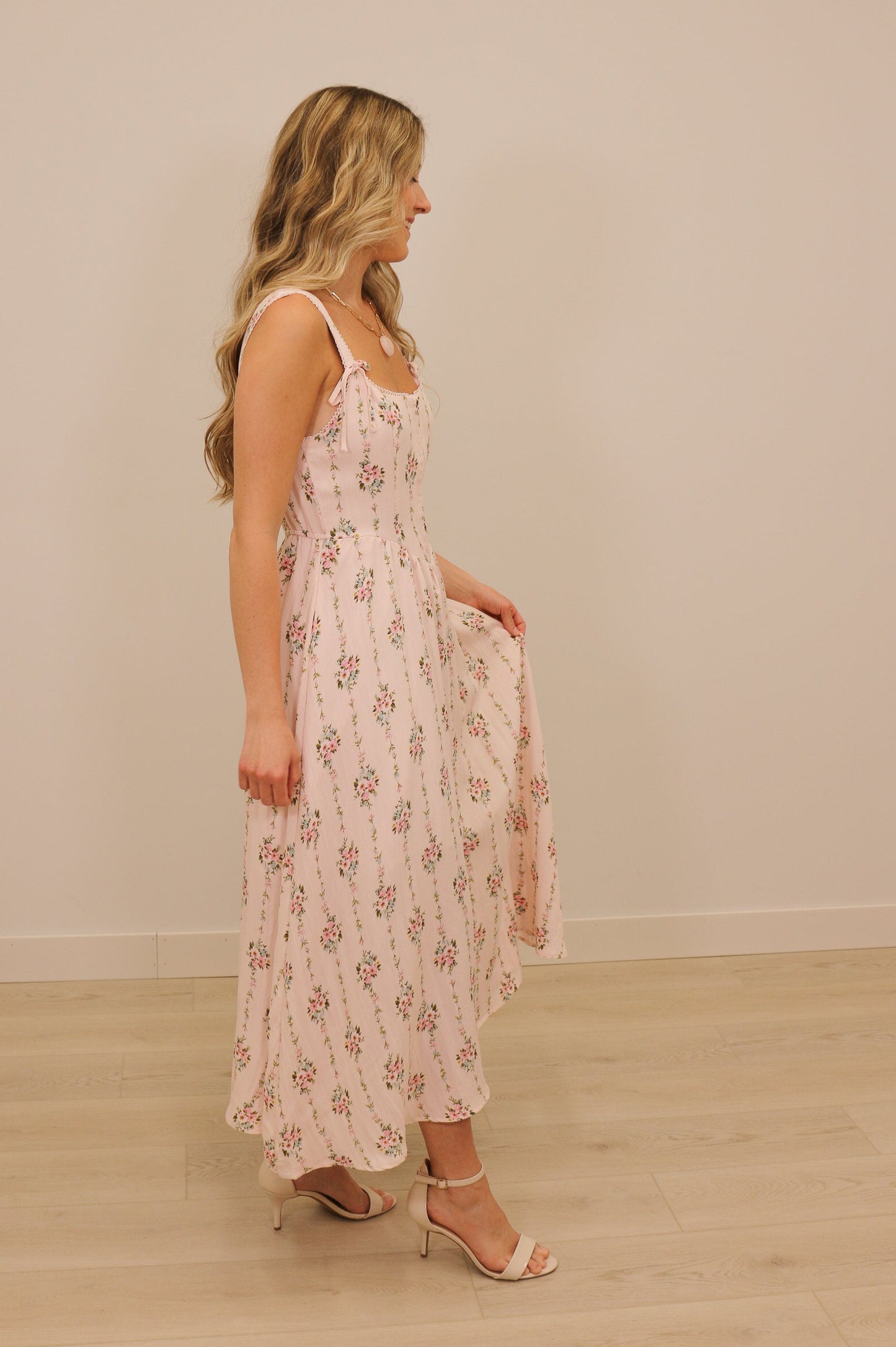 Blythe Corset Bow Floral Print Sleeveless Midi Dress - Pink Multi