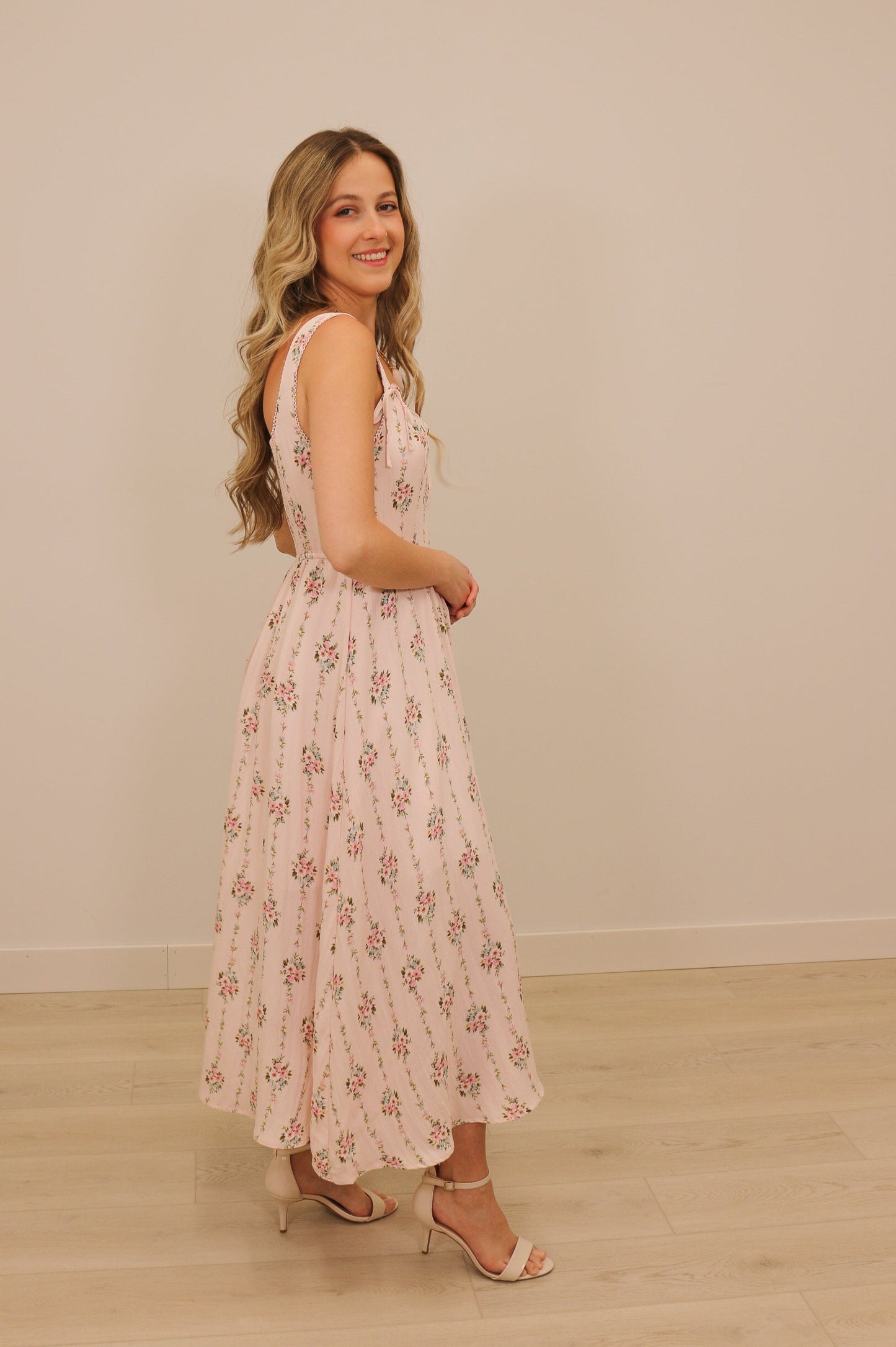 Blythe Corset Bow Floral Print Sleeveless Midi Dress - Pink Multi