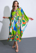Load image into Gallery viewer, Boca Bright Swirl Kaftan Tie Printed Woven Midi Dress - Green Blue
