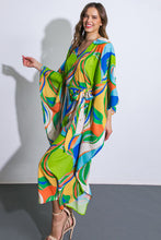 Load image into Gallery viewer, Boca Bright Swirl Kaftan Tie Printed Woven Midi Dress - Green Blue
