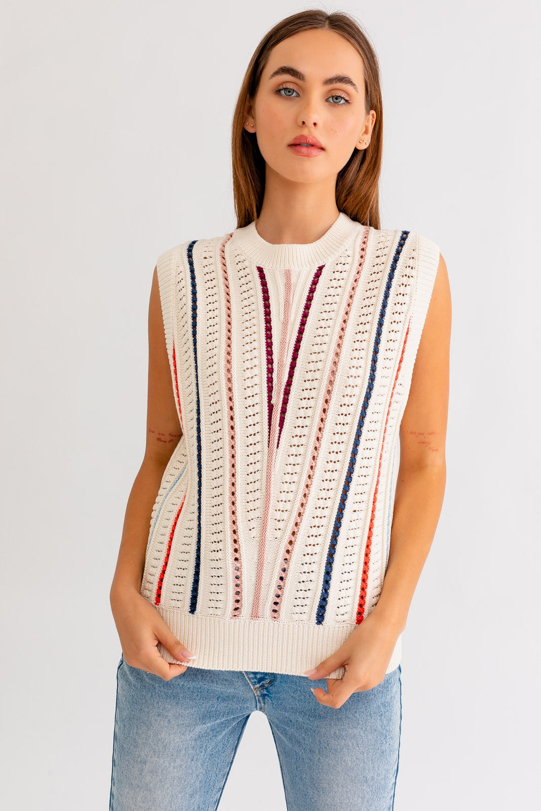 Bria Oversized Multi-Stripe Sweater Vest Knit - Ivory Multi