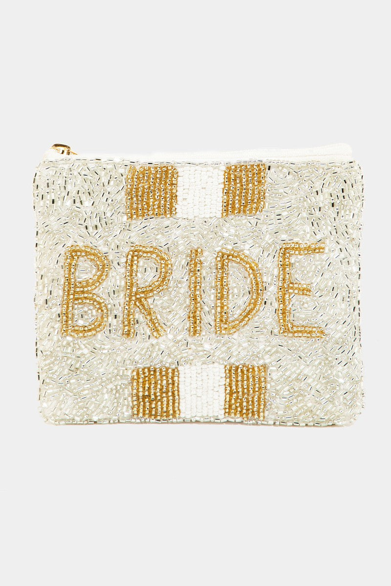 Bride Print Seed Beaded Coin Pouch - White Gold Multi