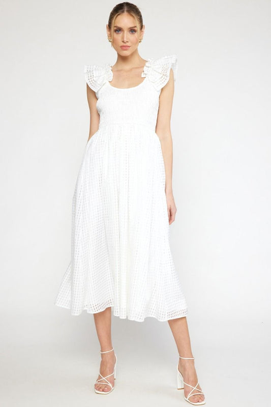 Brigitte Ruffled Shadow Grid Print Midi Dress - White