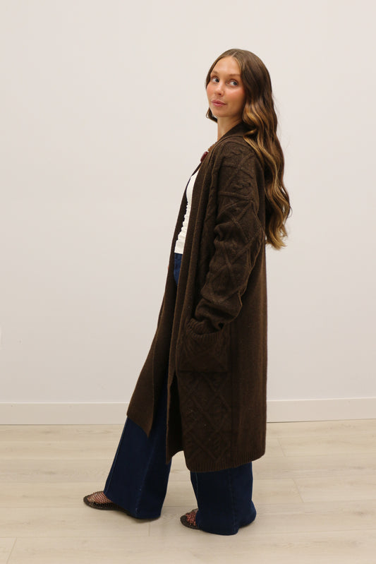 Bristole Longline Cable Knit Long Sleeve Open Front Knit Cardigan - Chocolate Brown