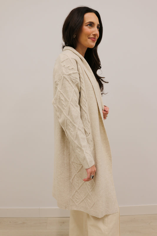 Bristole Longline Cable Knit Long Sleeve Open Front Knit Cardigan - Ecru