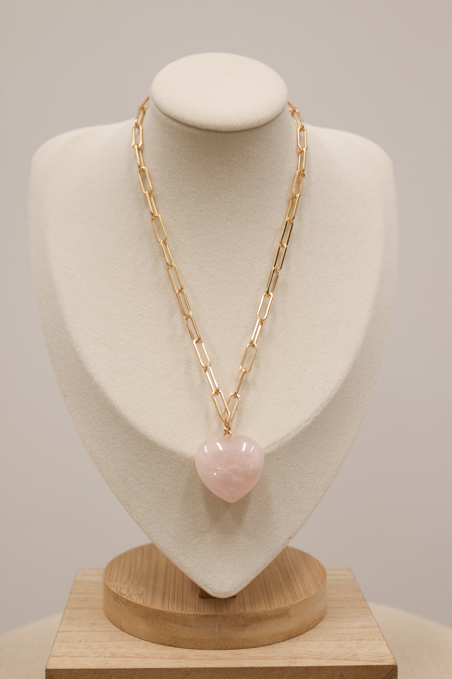 Britain Gold Paperclip Chain Necklace with Stone Heart - Light Pink