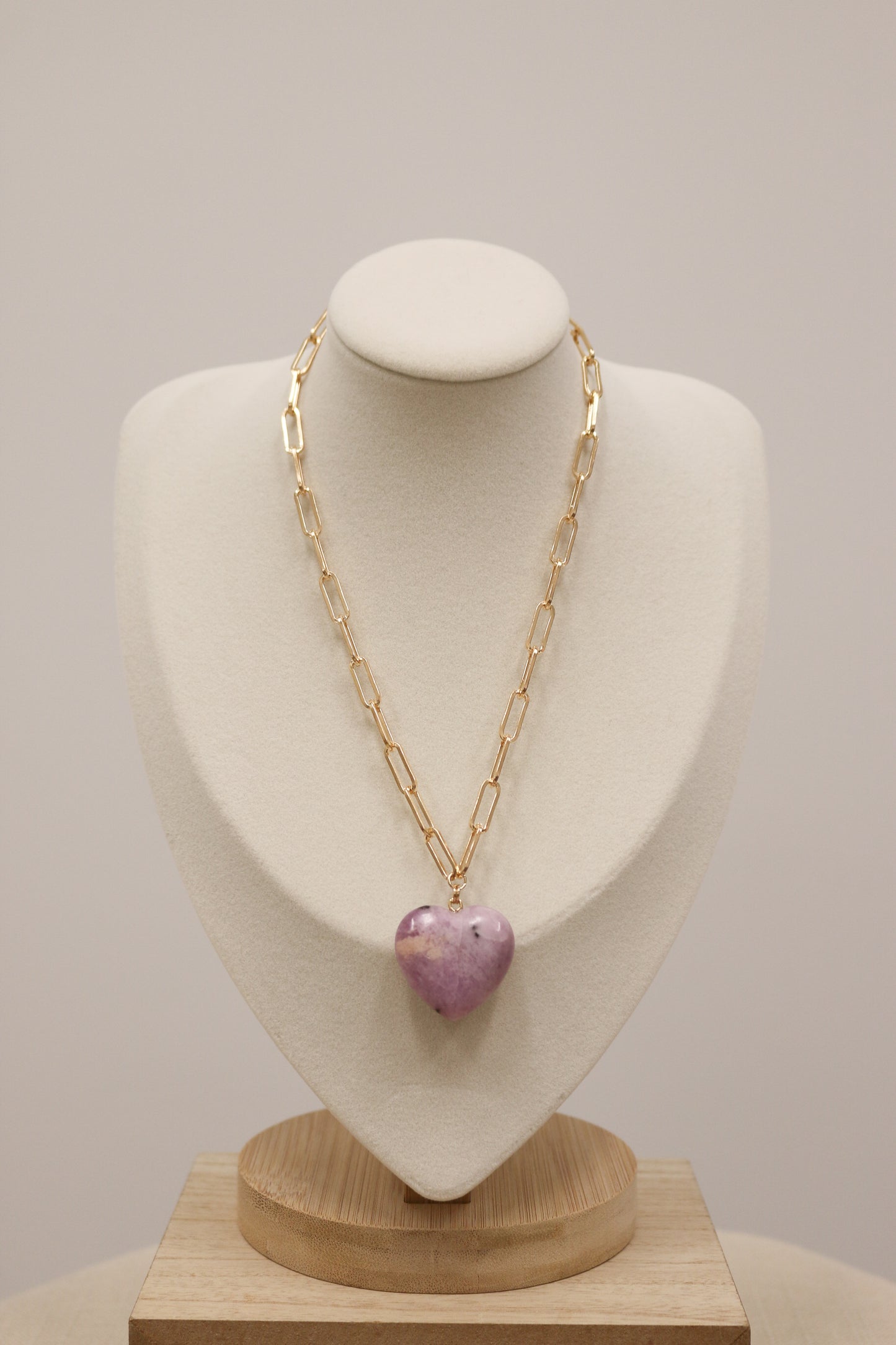 Britain Gold Paperclip Chain Necklace with Stone Heart - Lavender Purple