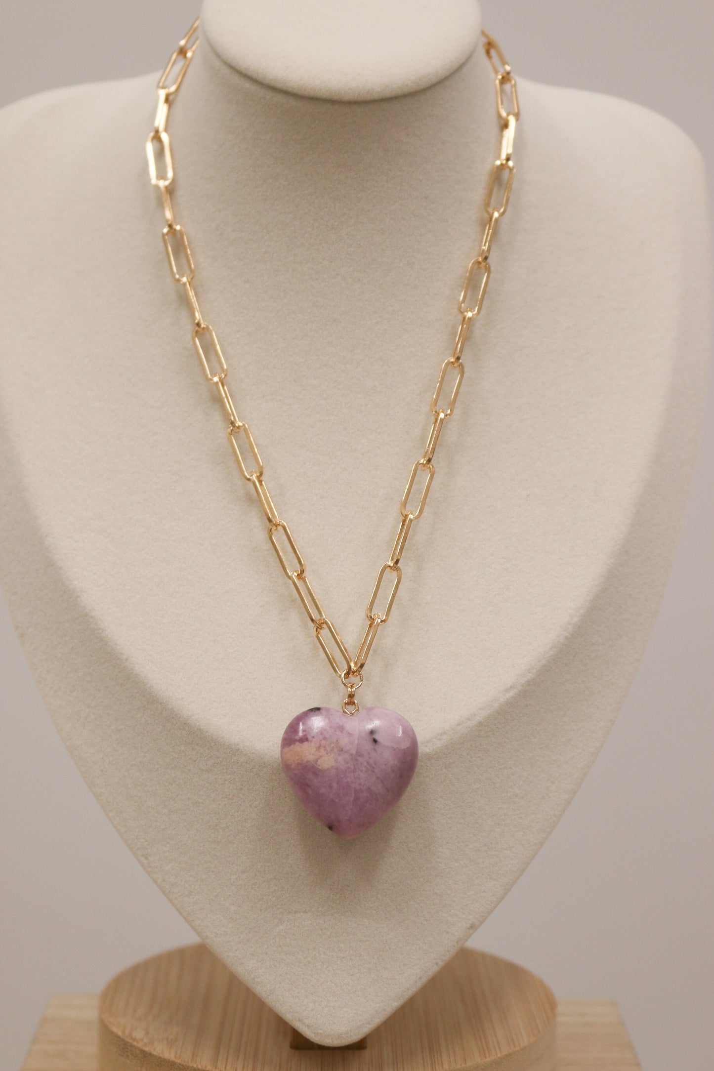 Britain Gold Paperclip Chain Necklace with Stone Heart - Lavender Purple