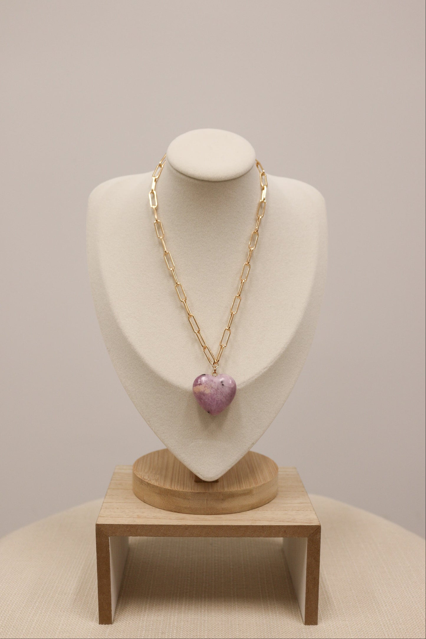Britain Gold Paperclip Chain Necklace with Stone Heart - Lavender Purple