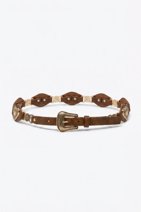 Lassio Gold Heart Western Buckle Detail Faux Leather Belt - Brown