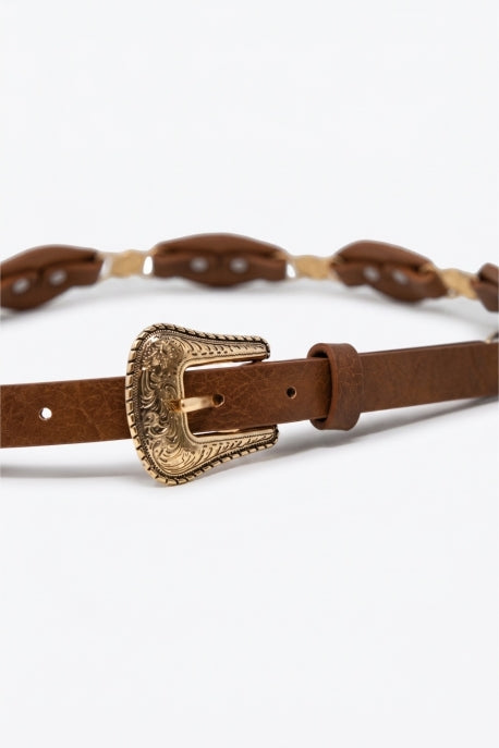 Lassio Gold Heart Western Buckle Detail Faux Leather Belt - Brown