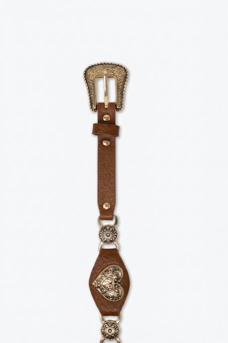 Lassio Gold Heart Western Buckle Detail Faux Leather Belt - Brown
