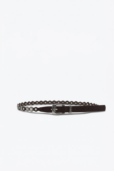 Roma Grommet Studded Slim Western Faux Leather Belt - Dark Brown