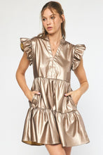 Load image into Gallery viewer, Bryn Faux Leather Tiered Mini Dress Ruffle Sleeves - Gold
