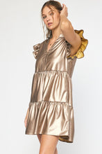 Load image into Gallery viewer, Bryn Faux Leather Tiered Mini Dress Ruffle Sleeves - Gold
