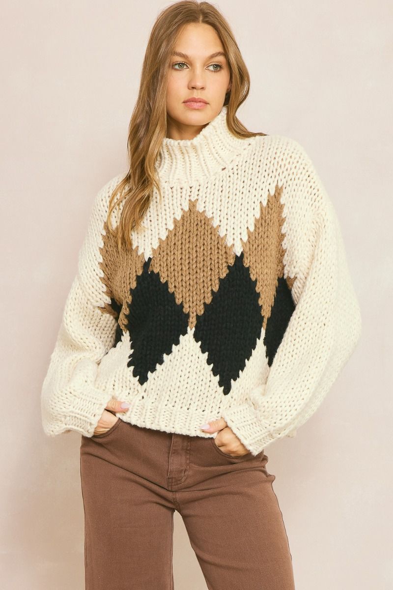 Bywater Diamond Chunky Knit Long Sleeve Sweater - Mocha Combo