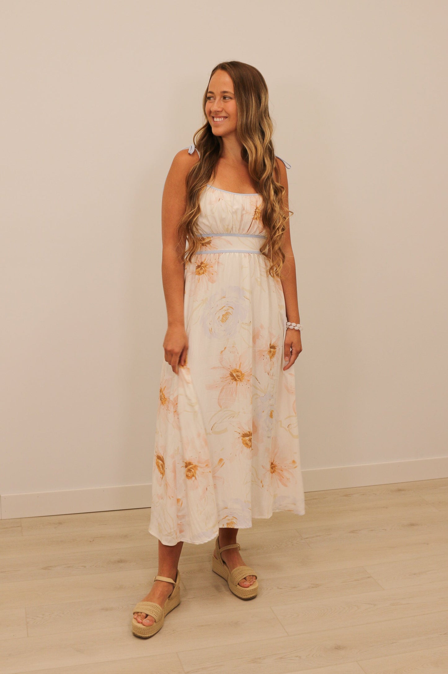 Caity Soft Watercolor Floral Print Sleeveless Trim Midi Dress - Cream Multi