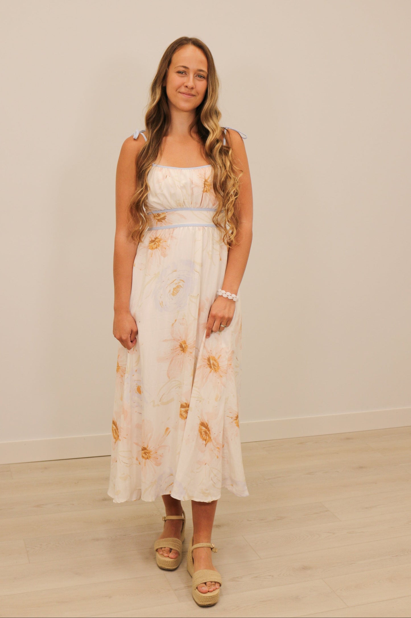 Caity Soft Watercolor Floral Print Sleeveless Trim Midi Dress - Cream Multi
