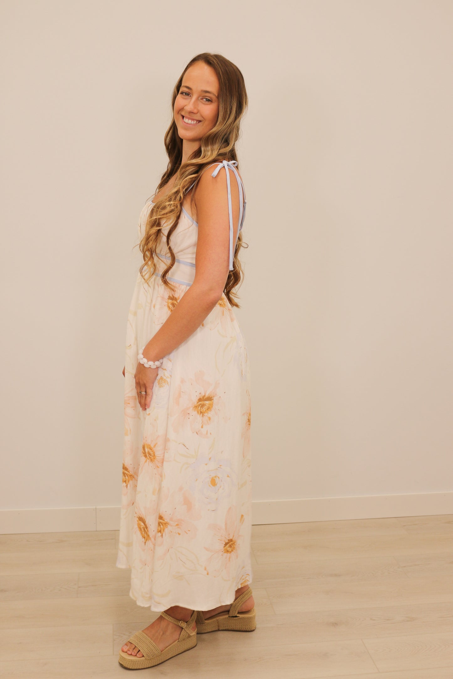 Caity Soft Watercolor Floral Print Sleeveless Trim Midi Dress - Cream Multi