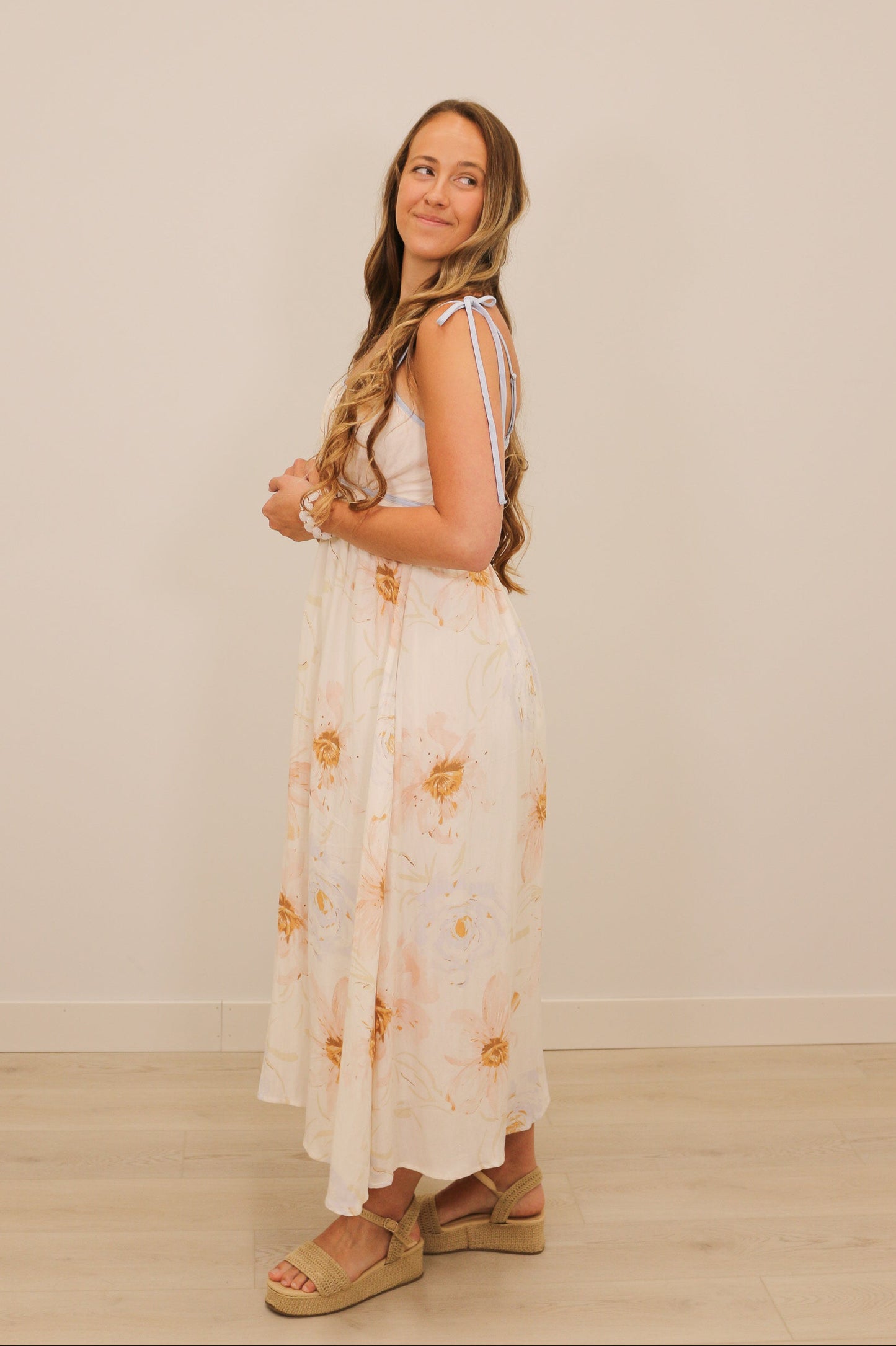 Caity Soft Watercolor Floral Print Sleeveless Trim Midi Dress - Cream Multi