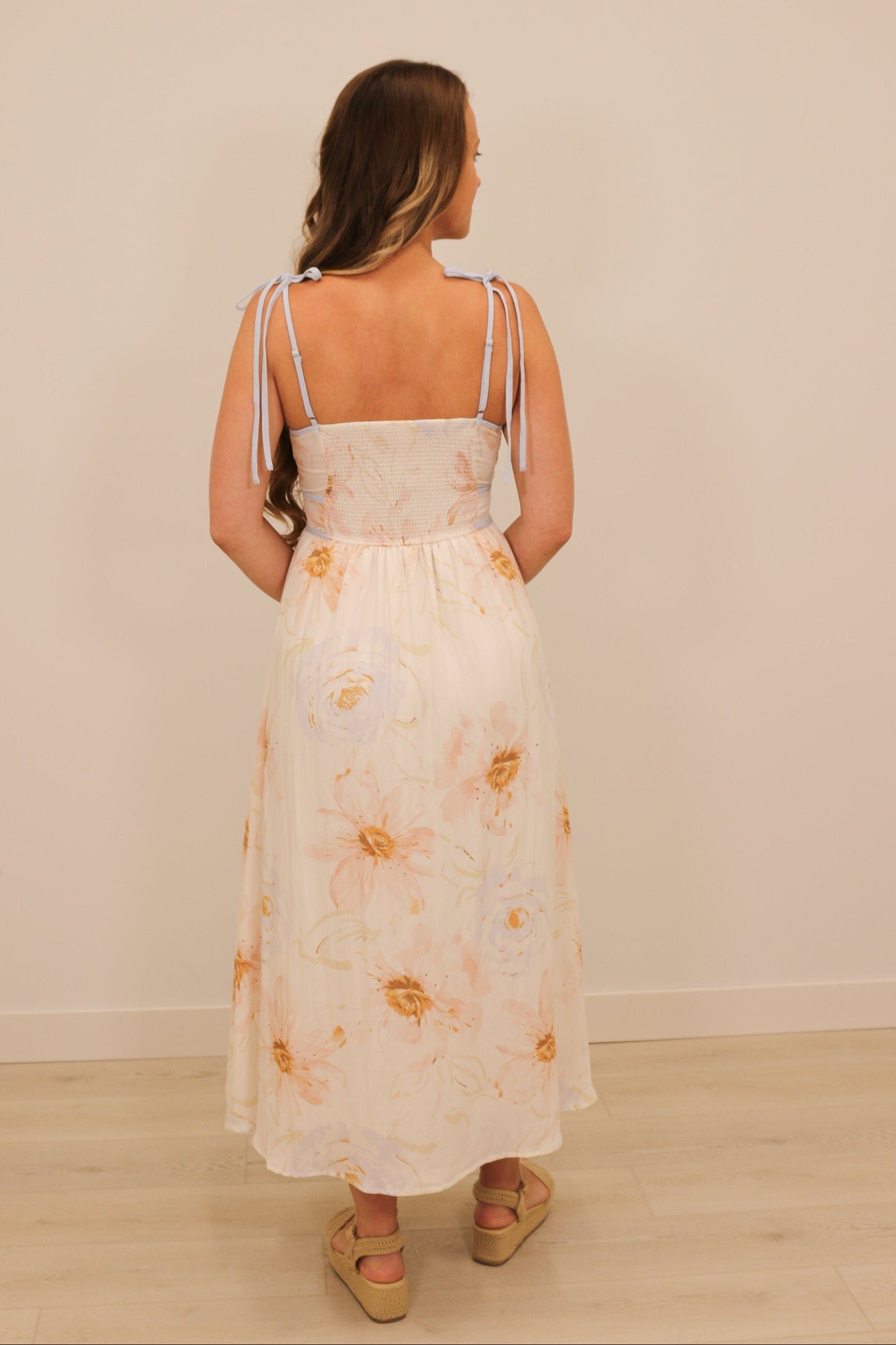 Caity Soft Watercolor Floral Print Sleeveless Trim Midi Dress - Cream Multi