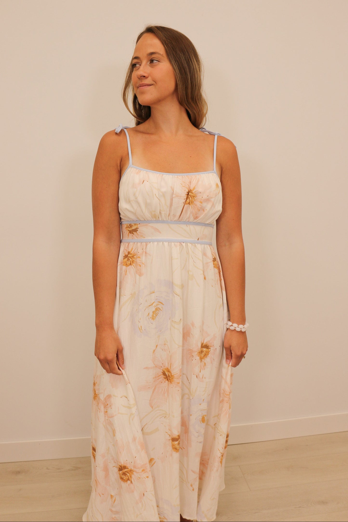 Caity Soft Watercolor Floral Print Sleeveless Trim Midi Dress - Cream Multi