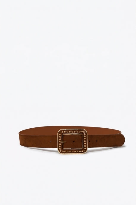 Jax Studded Square Buckle Wide Faux Leather Belt - Camel Brown