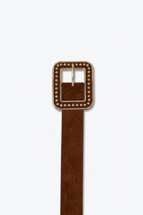 Jax Studded Square Buckle Wide Faux Leather Belt - Camel Brown