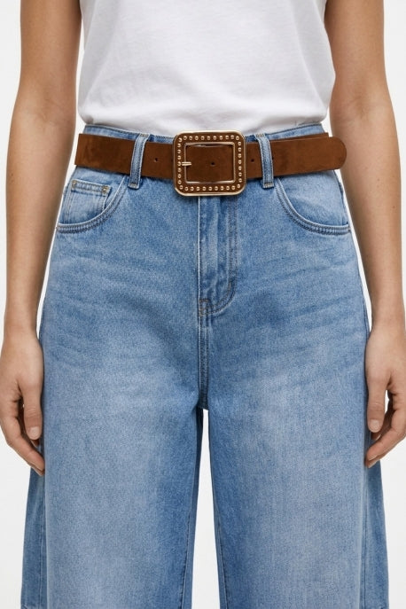 Jax Studded Square Buckle Wide Faux Leather Belt - Camel Brown
