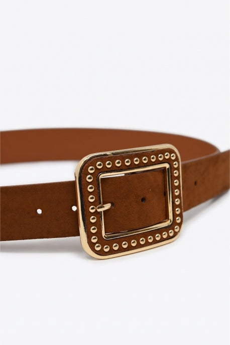 Jax Studded Square Buckle Wide Faux Leather Belt - Camel Brown