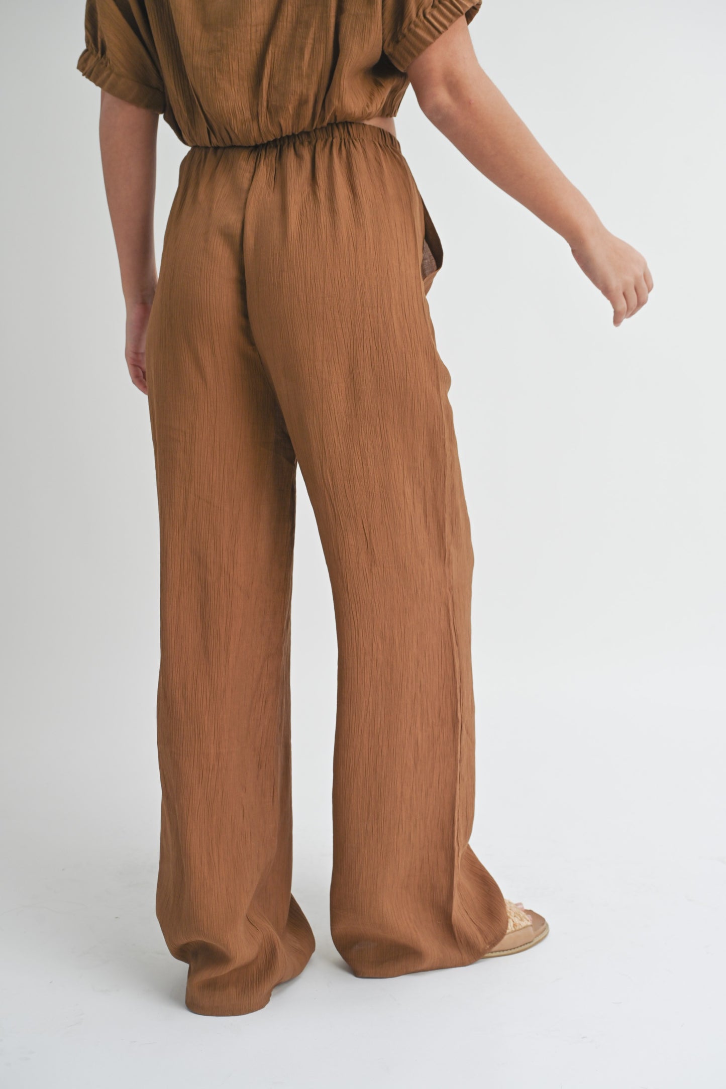 Canyon Textured Fabric Drawstring Loose Pants - Brown