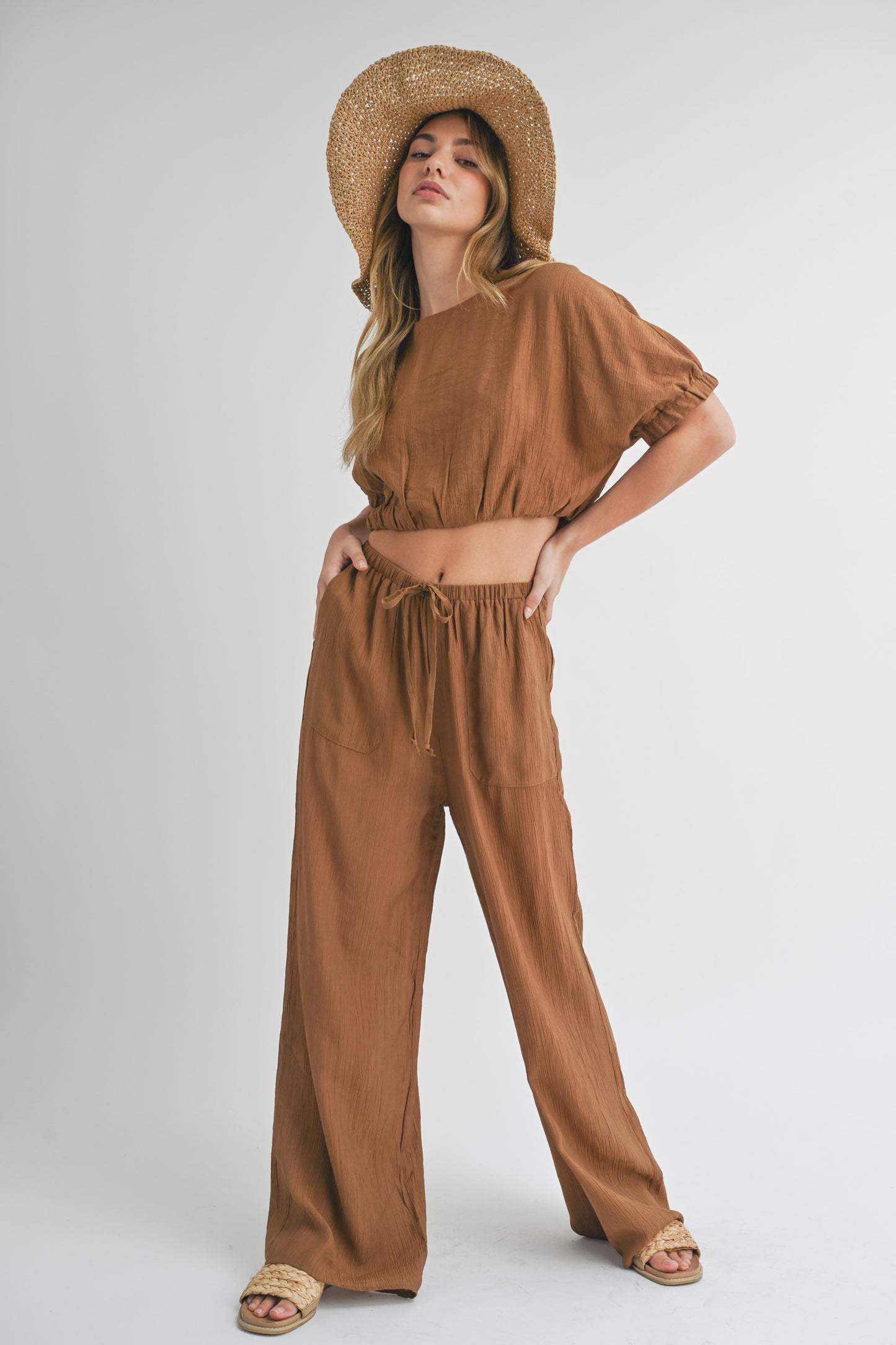Canyon Textured Fabric Drawstring Loose Pants - Brown