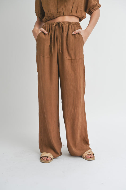 Canyon Textured Fabric Drawstring Loose Pants - Brown