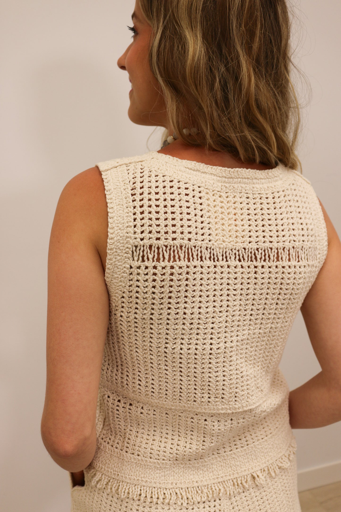 Carmen Crochet Open Knit Sleeveless Tank - Ivory