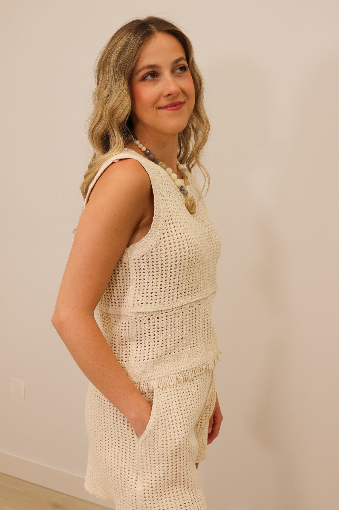 Carmen Crochet Open Knit Sleeveless Tank - Ivory