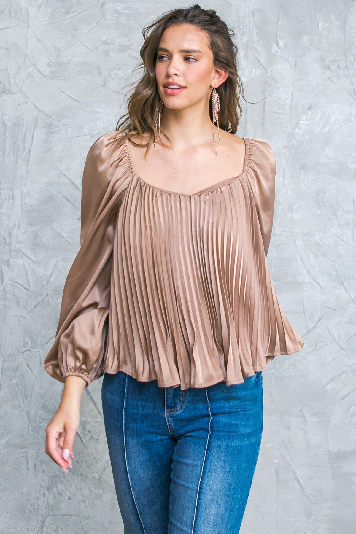 Carrie Sweetheart Neckline Pleated Long Sleeve Blouse - Bronze