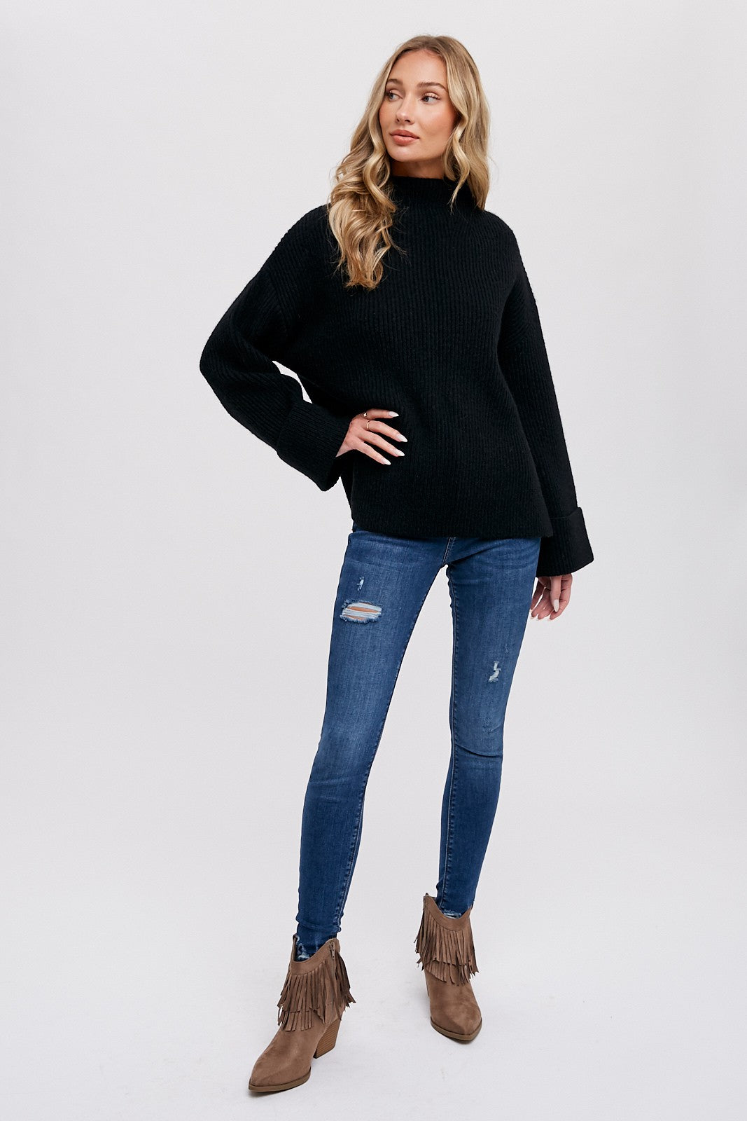 zSALE Carver Funnel Neck Long Sleeve Oversized Sweater Pullover - Black